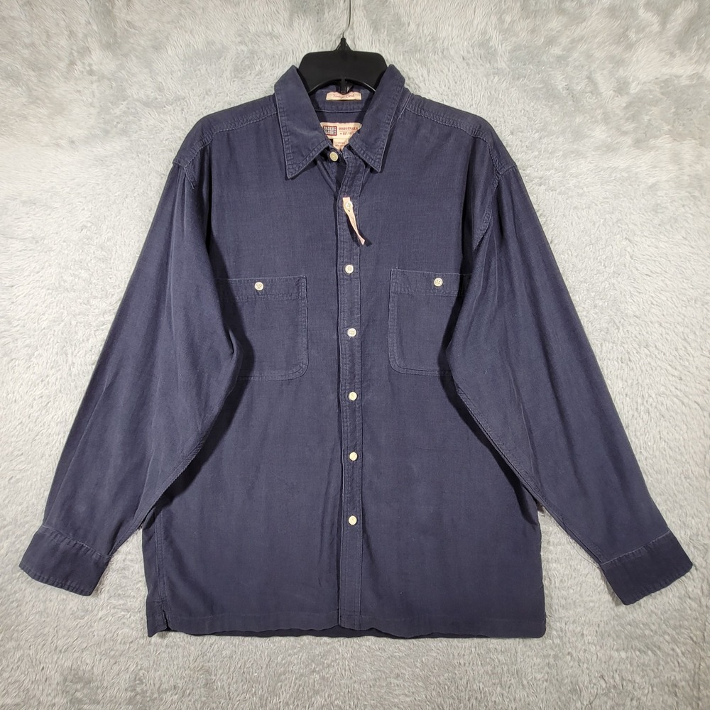 Faded Glory Corduroy‎ Button Up Mens Large Navy Blue Long Sleeve Stone Washed